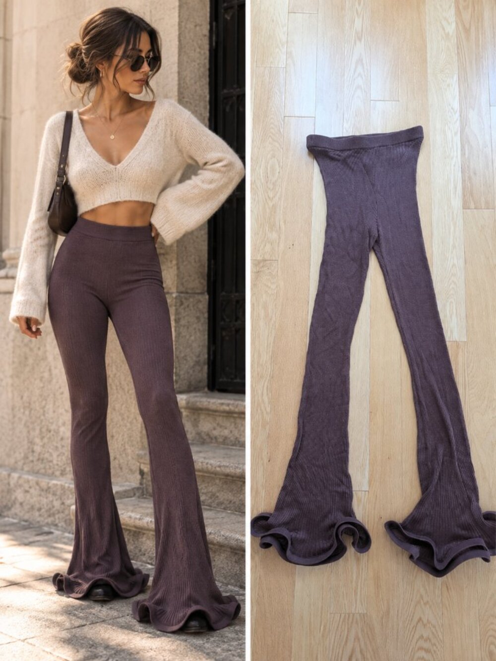 H&M Dark Brown Silk Blend Rib Knit Flare Pants High Waist Sheer Premium XS